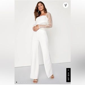 Lulus Sheerly Sultry Ivory Organza Balloon Sleeve Two-Piece Jumpsuit Size L 🤍